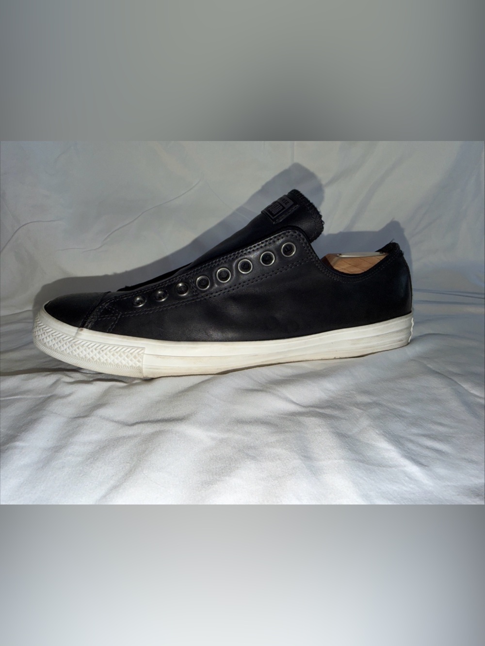 Converse Black Leather Slip-On Low Top Sneakers with White Sole - Picture 7 of 12
